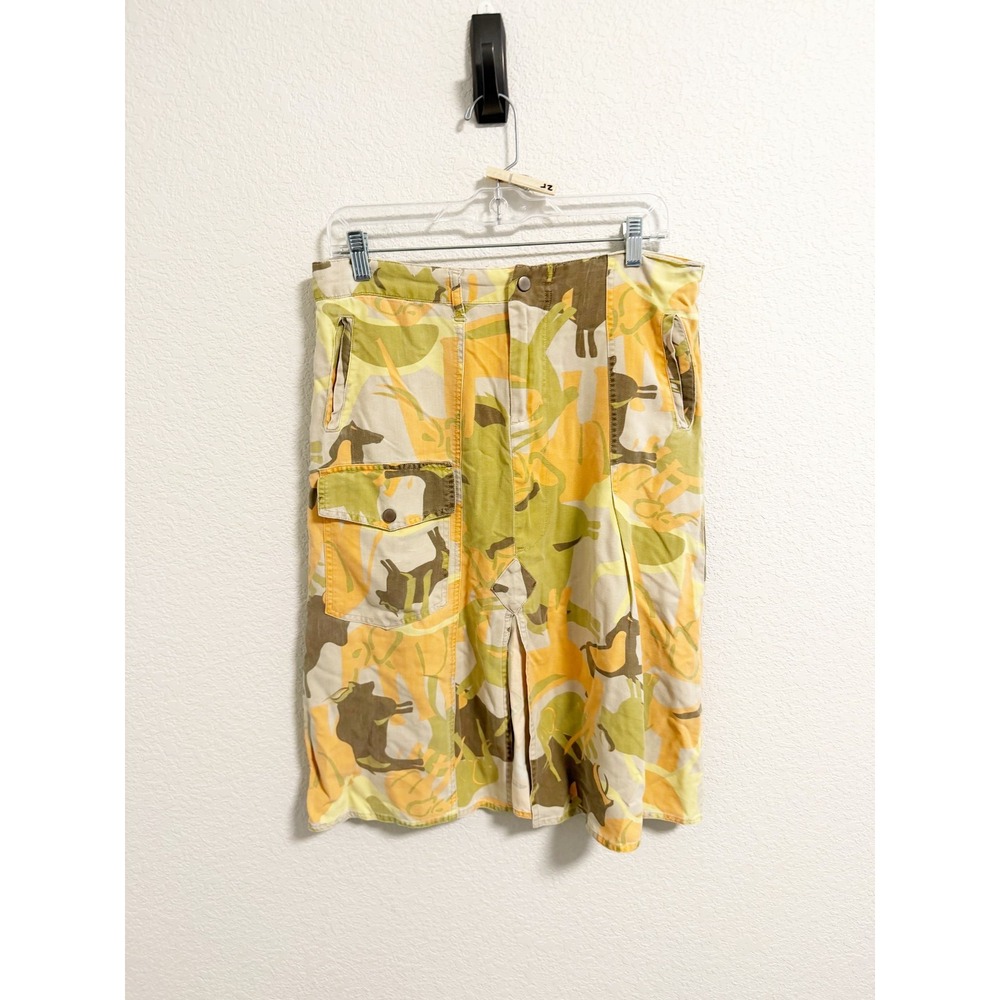 Da-Nang Camo Utility Skirt‎ Cargo Pocket Front Slit Pleated Yellow Green Size 30